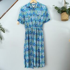 Leslie Fay Dress Grandmacore Blue Artsy Paisley Floral Button Front Midi 12